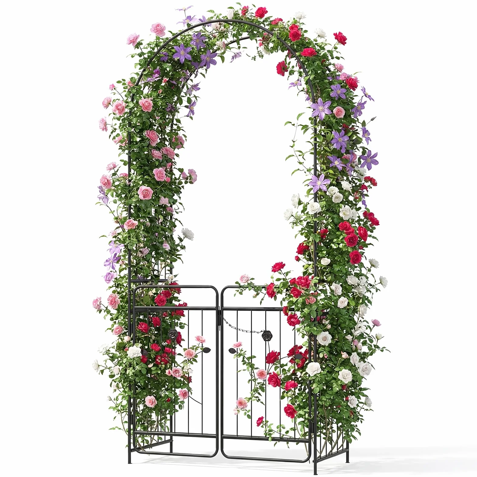 COSTWAY Rosenbogen mit Tür, Gartenbogen aus Metall stabil, Torbogen Garten, Rankbogen für Kletterpflanzen, Rankhilfe Rankgitter Rundbogen, inkl. Erdspieße, für Hochzeit Partys (102 x 49,5 x 223 cm)