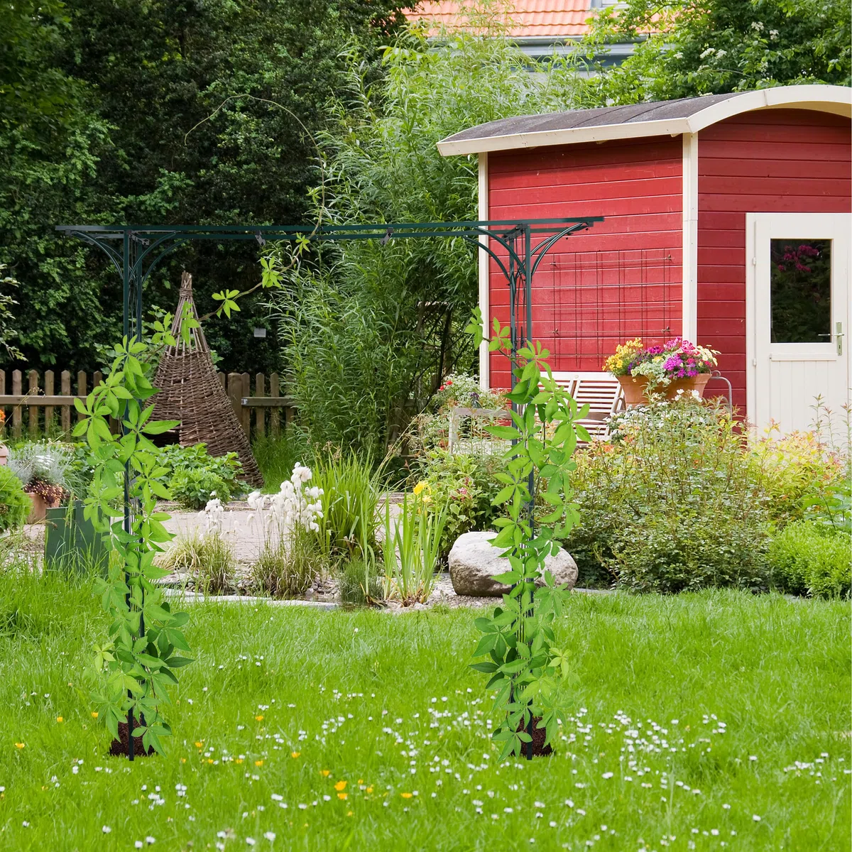 Relaxdays Rosenbogen Metall, eckig, Rankhilfe Kletterpflanzen, Garten, wetterfest, HBT 205 x 202 x 52 cm, dunkelgrün
