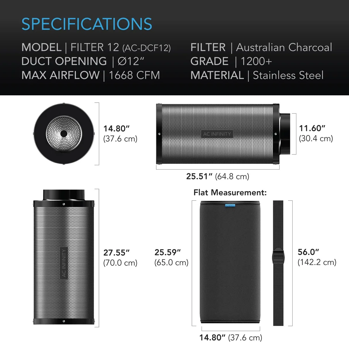 AC Infinity Aktivkohlefilter 300 mm – mit Premium-Aktivkohle aus Australien, passend für Inline-Lüfter zur Geruchskontrolle in Grow Zelten, Grow Räumen und Hydroponik-Systemen
