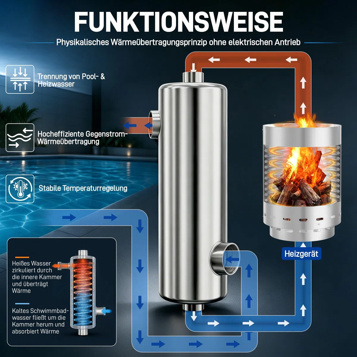 AufuN 60kW Pool Wärmetauscher Edelstahl Schwimmbad Heizung Wärmetauscher für Pool, Spa Whirlpool Hochleistungs Poolheizung ohne Strom 57 x 12 cm für Salz und Süßwasser