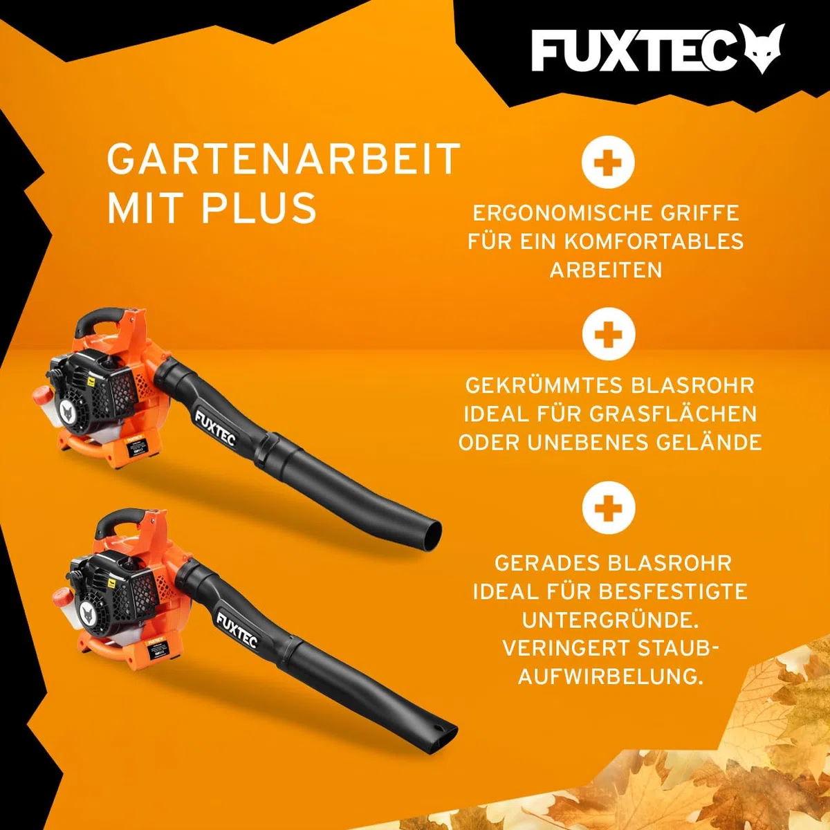 FUXTEC Benzin Laubbläser 2in1 FX-LB126 inkl. 2 Blasrohre – Auf Laubsauger erweiterbar – 2-Takt Motor – getestet Oberklasse 1,4 – Blasgeschwindigkeit 71 m/s