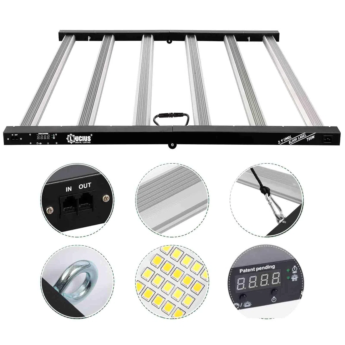 Lucius 720W LED-Pflanzenlampe mit Mastersteuerung, Timer, Sonnenaufgang & Sonnenuntergang, 2,9 μmol/J Vollspektrum für Zimmerpflanzen mit LED-Display, Pflanzenlicht mit LM281B-Dioden