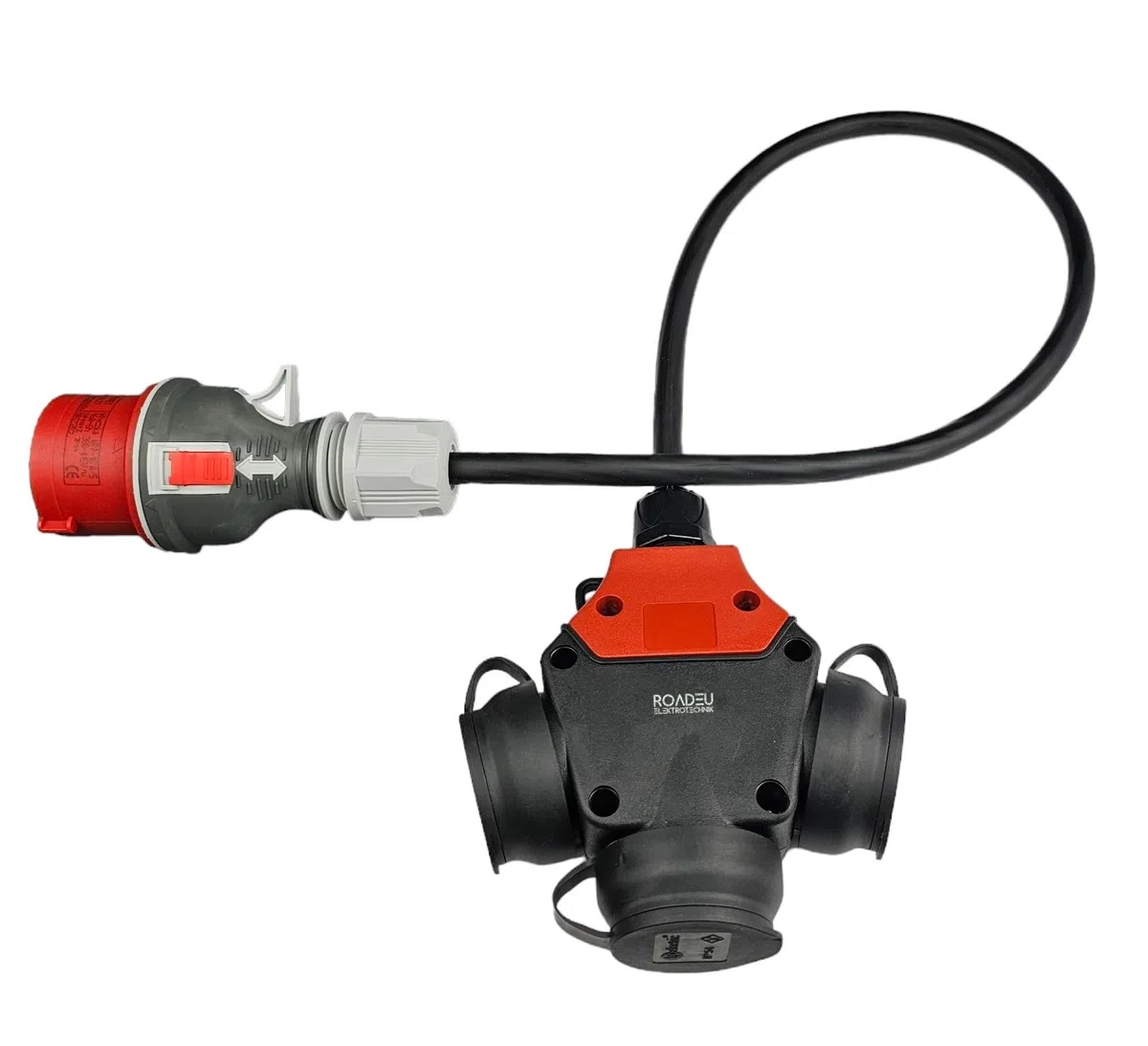 RoadEu CEE Starkstrom Adapter, CEE Stecker 32A, 380V auf 220V Adapter, 3X 220V Schuko Kupplung, 5x2,5mm Gummikabel 0,5 Meter. Adapter 32A auf 230V. Starkstrom Verteiler