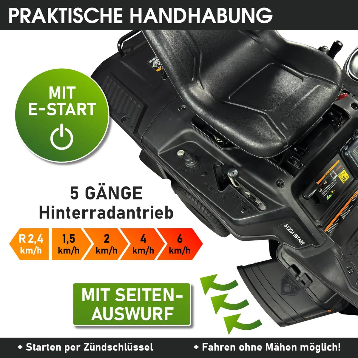 BRAST Benzin Rasentraktor Aufsitzmäher | 5,15kW(7PS) | Elektrostart | XXL Schnittbreite 61cm | TÜV geprüft | Variable Geschwindigkeit | 150L Fangkorb | für mittlere bis große Rasenflächen