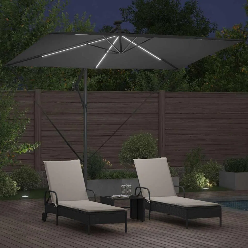 Sonnenschirm mit LED-Lichtleisten Anthrazit freischwingend 294 x 200 x 270 cm aus Polyester Aluminium wetterfest klappbar neigbar mit Solarlicht für Garten Balkon Terrasse