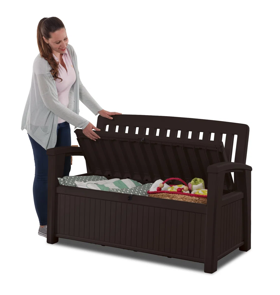 Keter Kissenbox, regenfest, Gartenkissenbox Patio Bank, Espresso braun, 138,6 x 63,5 x 88 cm, 227 L, Kissenbox wetterfest