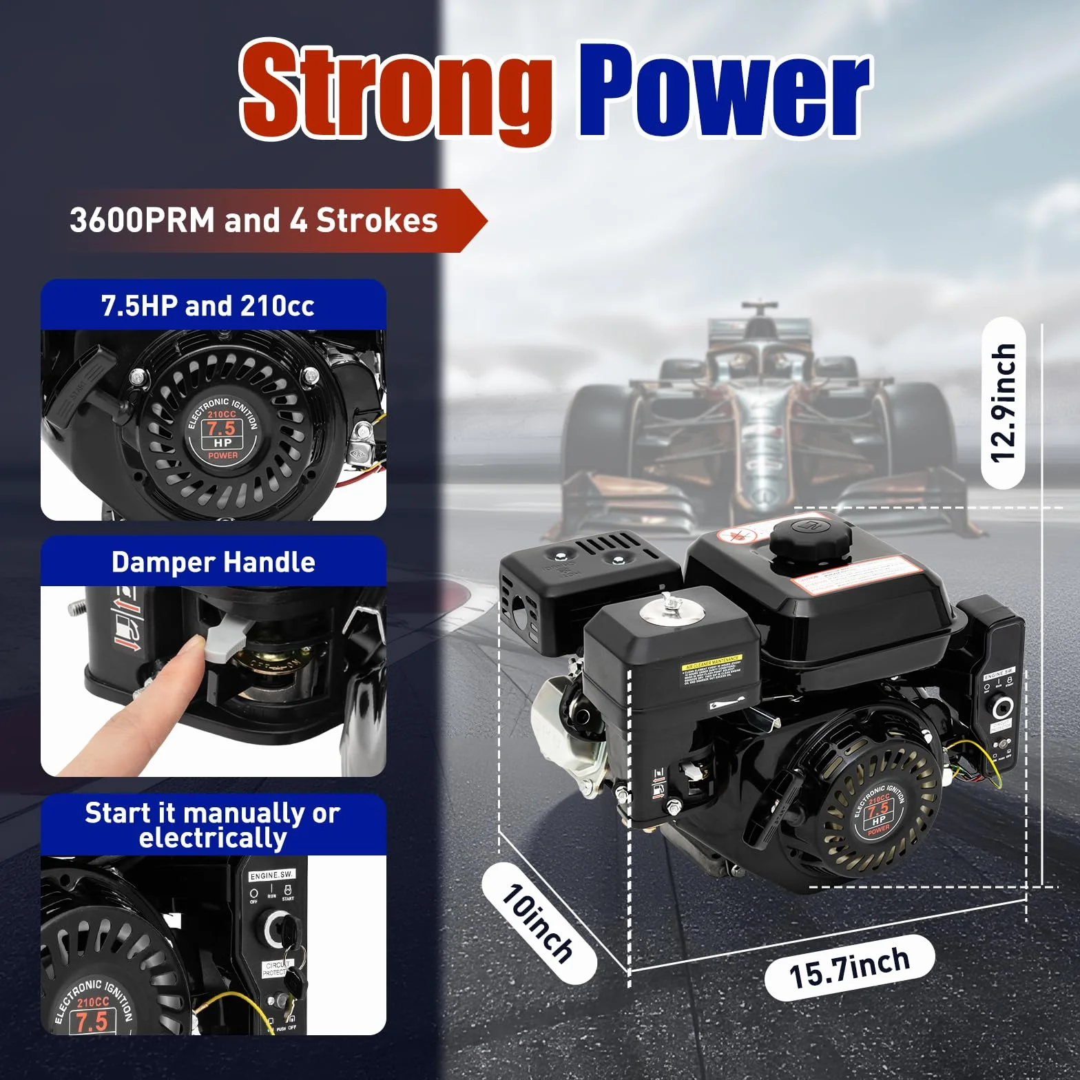 7,5 PS 212CC 4-Takt Benzinmotor mit E-Starter, Kartmotor, Standmotor, Industriemotor, 3600 U/min, 20mm Welle, Ölmangelschutz, für Go-Karts, Mikrotillern, Reinigungsmaschinen