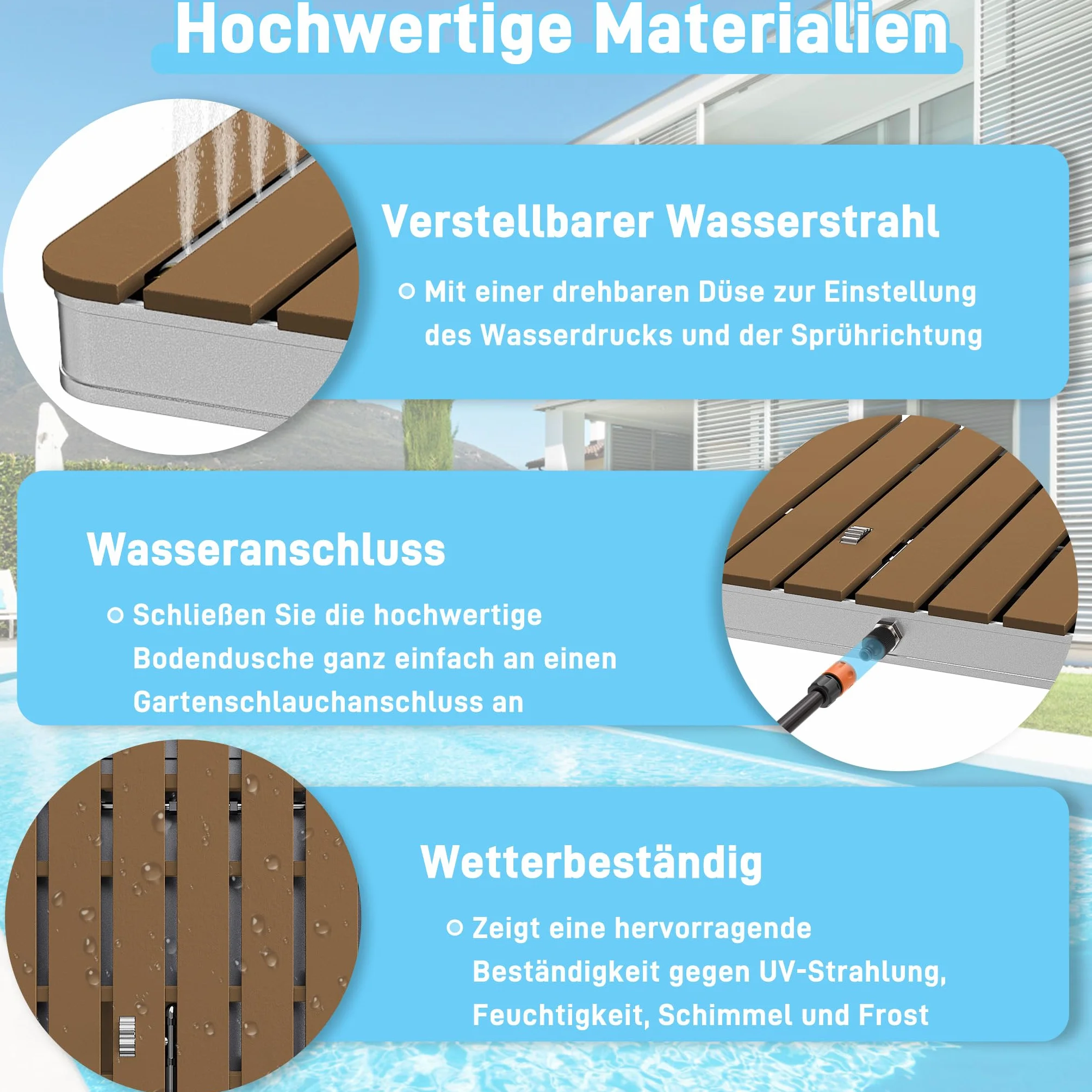Froadp Gartendusche Campingdusche Aluminium & WPC Bodendusche Holzfarbe Saunadusche mit rutschfeste Standfläche 55x70cm Wetterfest Holzoptik Außendusche für Standard-Gartenschläuche (Rechteckig)