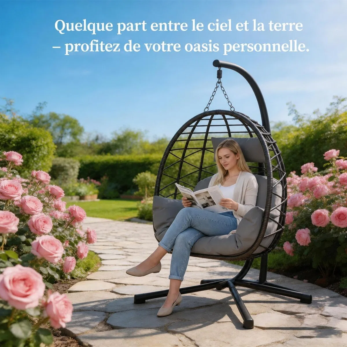 Hängesessel Mit Gestell Outdoor Bis 150 kg, Rattan Hängesessel Mit Metallgestell, Wetterfest PE-Rattan Hängesitz Mit Polster & Schutzabdeckung, Ideal Für Garten, Terrasse, Balkon, Wohnzimmer – Grau