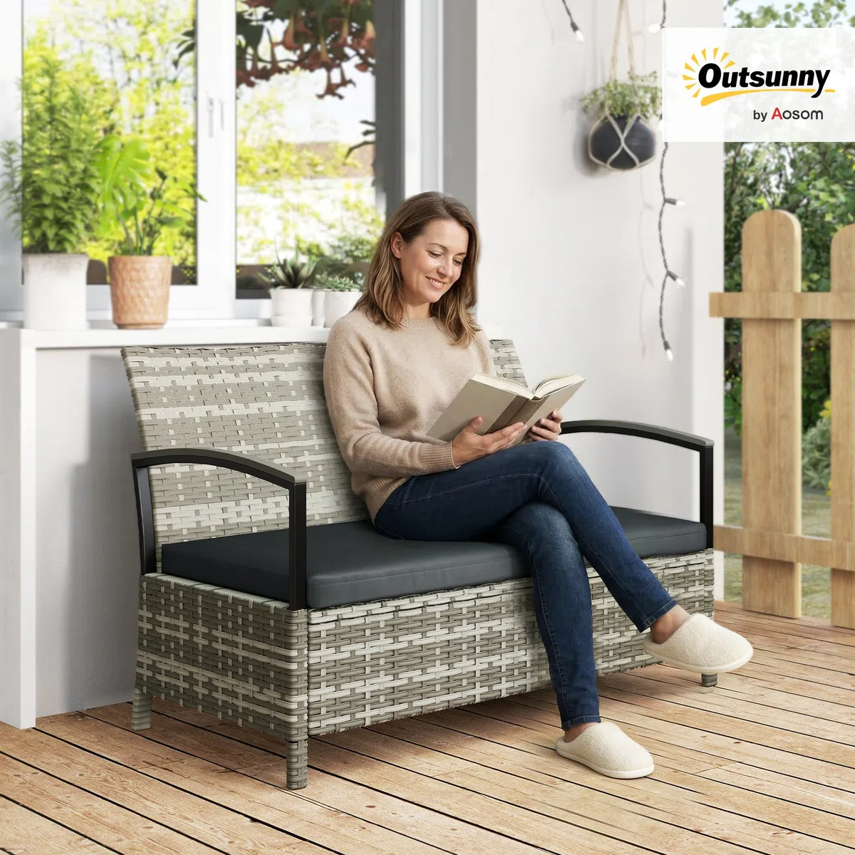 Outsunny Gartenbank mit Stauraum 2-Sitzer Sitzbank mit Kissen Haltegriffen 125L Aufbewahrungsbank Aufbewahrungsbox Bank für Flur Schlafzimmer Wohnzimmer Poly Rattan 123 x 70 x 82 cm Dunkelgrau
