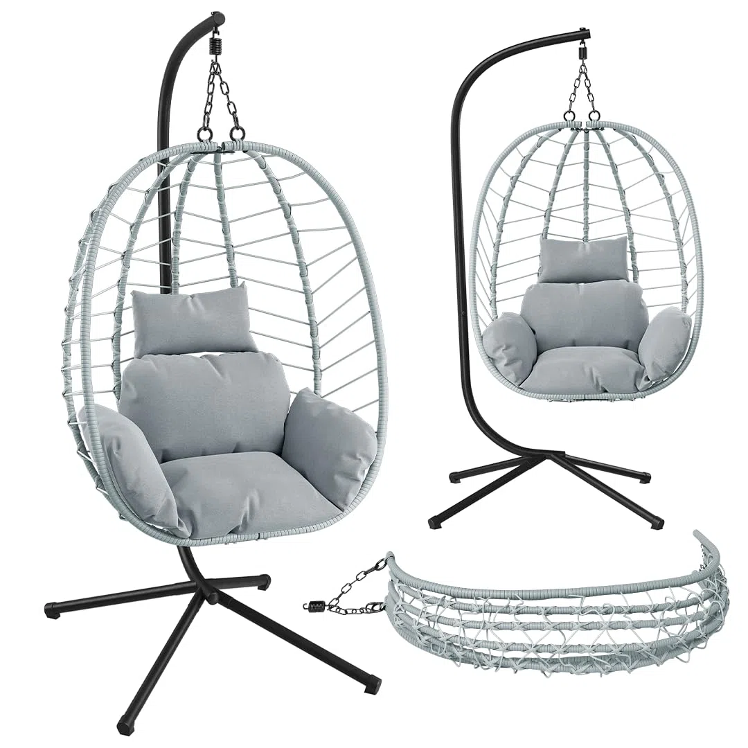 STEELSØN Alarian Hängesessel mit Gestell – Hängestuhl Rattan Outdoor & Indoor mit Kissen – Hängekorb Grau höhenverstellbar – Gartenschaukel für Erwachsene & Kinder – Hanging Chair faltbar bis 150kg