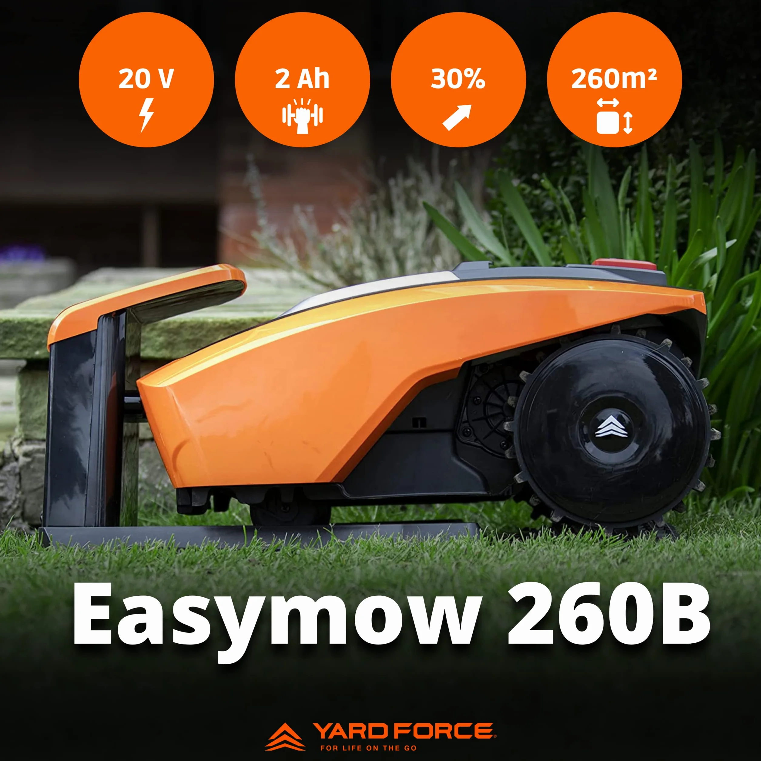 Yard Force Mähroboter EasyMow 260B – 20V Power für Gärten bis 260m² | Bluetooth App-Steuerung, Kantenmodus & 30% Steigung, Ideal für Reihenhäuser & Stadtgärten (inkl. 80m Kabel & Installations-Kit)