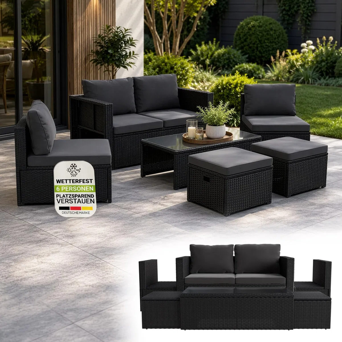 Juskys Polyrattan Gartenmöbel Set Salou - Outdoor Lounge wetterfest 6 Personen - Sitzecke mit Tisch & Kissen für Garten, Balkon, Terrasse - Schwarz