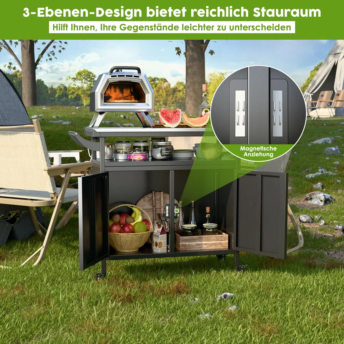 SUPEER Grillwagen Grilltisch, Pizzatisch mit 4 Rollen,304 Tischplatte aus Edelstahl,Rollwagen zum Grillen, Outdoor Servierwagen Outdoor Garten Trolley