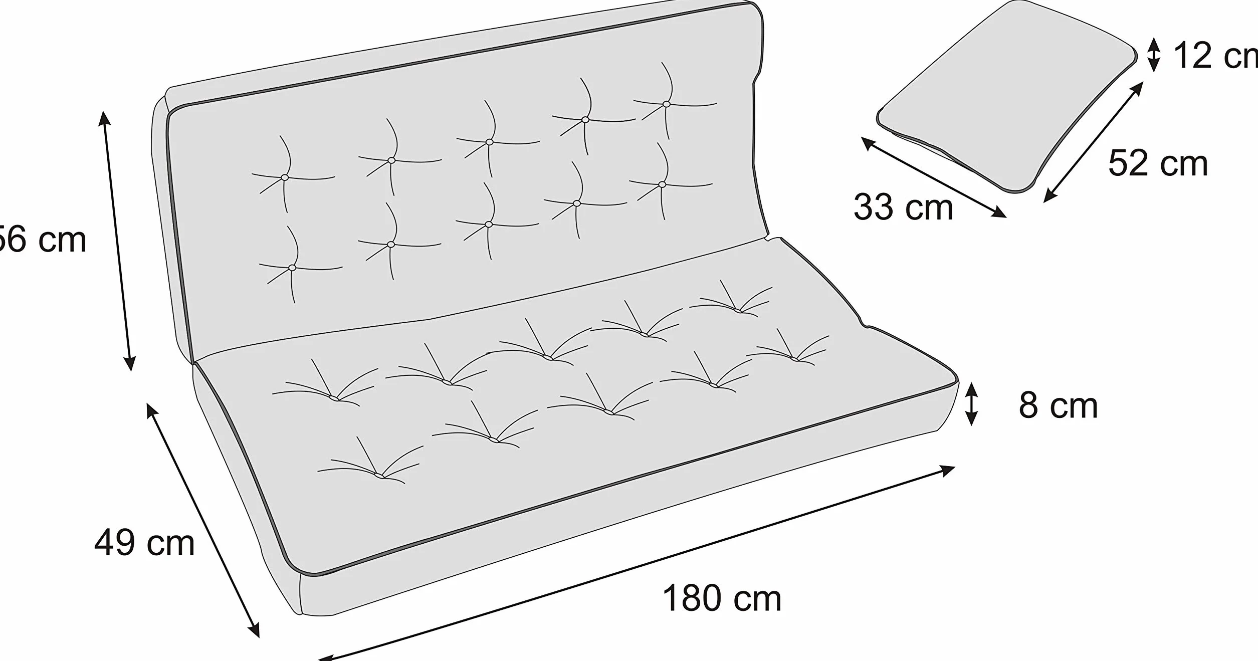 PillowPrim Graphit Sitzauflage für Hollywoodschaukel, Gartenschaukelkissen 180 cm, Bequeme Bankauflage mit Rückenlehne, Wohnwagen Geeignet