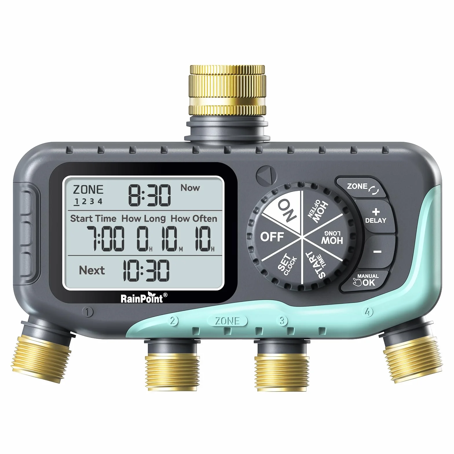 RAINPOINT Bewässerungscomputer 4 Ausgänge, Messing Einlass und Auslass, IP65 Wasserdicht Wasserzeitschaltuhr mit Regenverzögerung/Manueller Bewässerung, Automatische Bewässerung für Rasen und Garten
