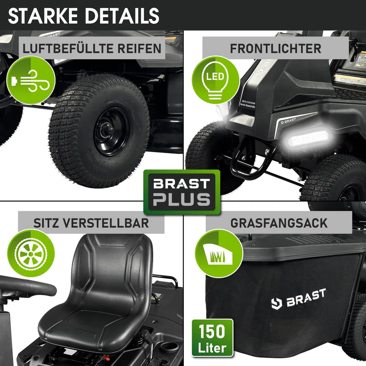 BRAST Benzin Rasentraktor Aufsitzmäher | 5,15kW(7PS) | Elektrostart | XXL Schnittbreite 61cm | TÜV geprüft | Variable Geschwindigkeit | 150L Fangkorb | für mittlere bis große Rasenflächen