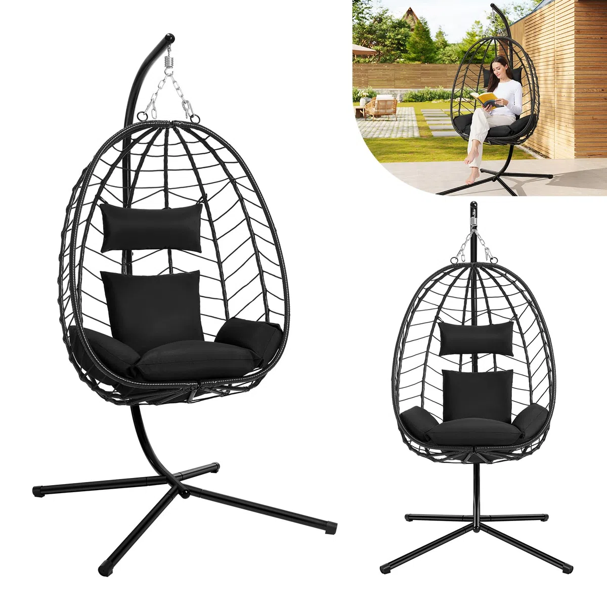 Laneetal Hängesessell mit Gestell Outdoor und Indoor, 150 kg Tragfähigkeit, PE-Rattan, Metallgestell, für Garten, Balkon, Terrasse, Wohnzimmer, 102 x 196 x 100 cm, Anthrazit