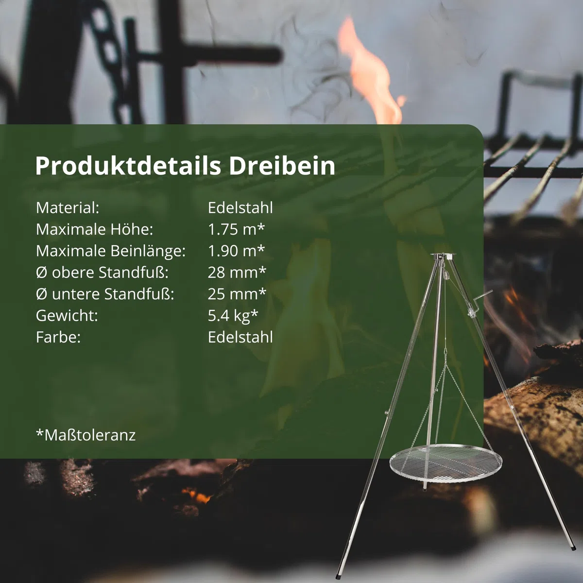 HeRo24 Edelstahl Dreibein Schwenker Grillgestell höhenverstellbar mit Kurbel inkl. Kette, Haken, Wirbel & Tragetasche stabiles Schwenkgrill-Gestell für Garten, Camping & Lagerfeuer (Ohne Rost)