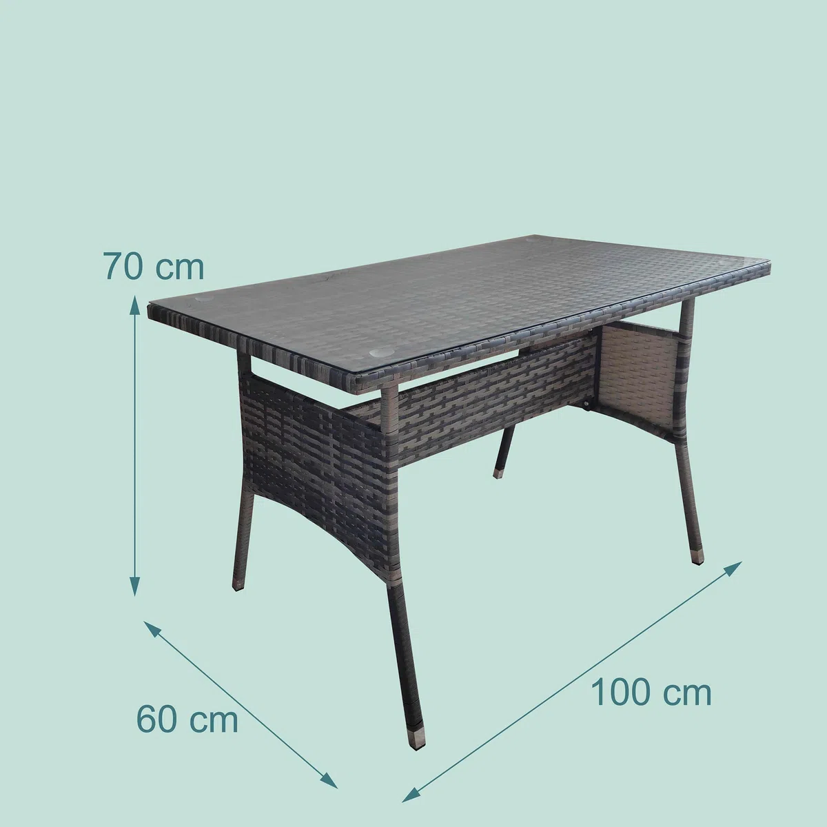 Relaxdays Gartentisch, HBT: 70 x 100 x 60 cm, wetterfest, Polyrattan, Glasplatte, eckiger Esstisch Garten & Balkon, grau