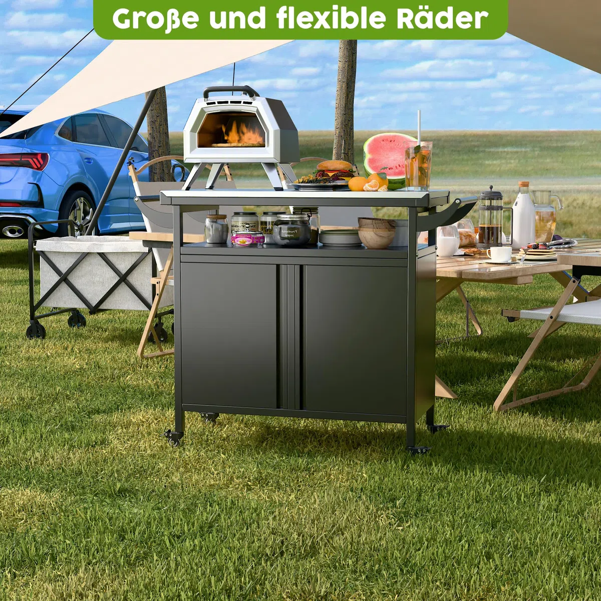 SUPEER Grillwagen Grilltisch, Pizzatisch mit 4 Rollen,304 Tischplatte aus Edelstahl,Rollwagen zum Grillen, Outdoor Servierwagen Outdoor Garten Trolley