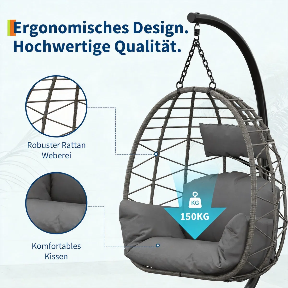 Hängesessel mit Gestell Outdoor bis 150 kg belastbar, Rattan Hängesessel mit Metallgestell, ideal als Hängesitz Indoor mit Gestell für Garten, Terrasse & Balkon Grau