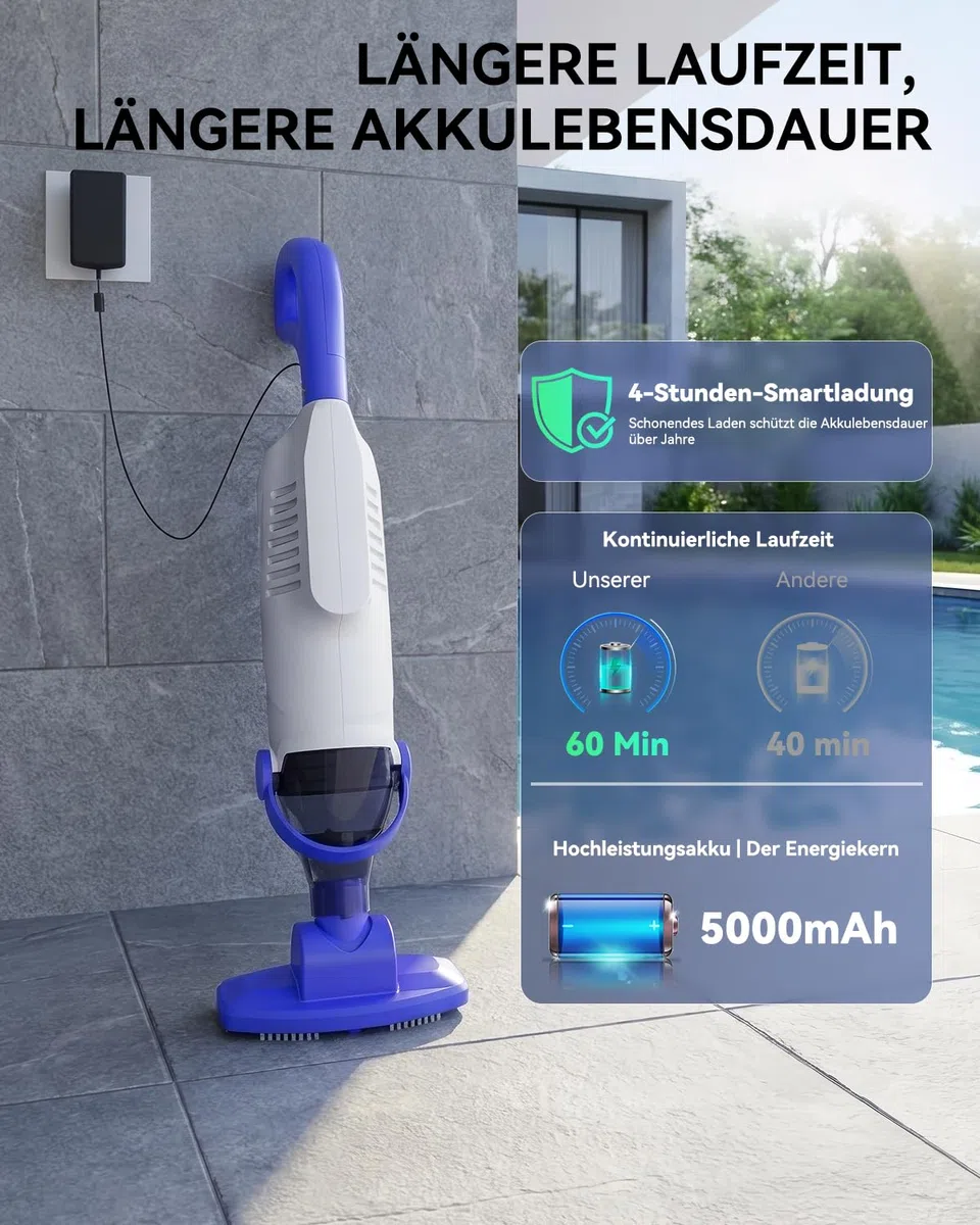 Akku Poolsauger mit 36,8 kPa Saugleistung, 5000 mAh Akku, 60 Min Laufzeit, 18 GPM, 2 Saugmodi, 300/500 μm Filter, Steckstange bis 1,85 m (max. Länge), für Pool & Spa