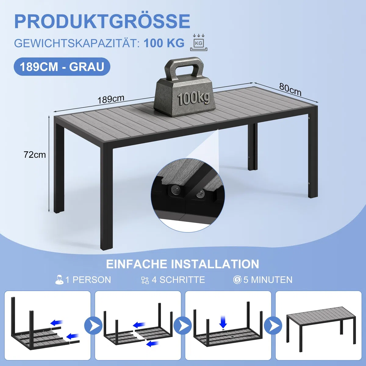 Devoko HDPS wetterfester Gartentisch, 189 x 80 x 74 cm Aluminium-Tisch für den Außenbereich mit Holzmaserung, pflegeleicht, Esstisch für 6 bis 10 Personen (grau)