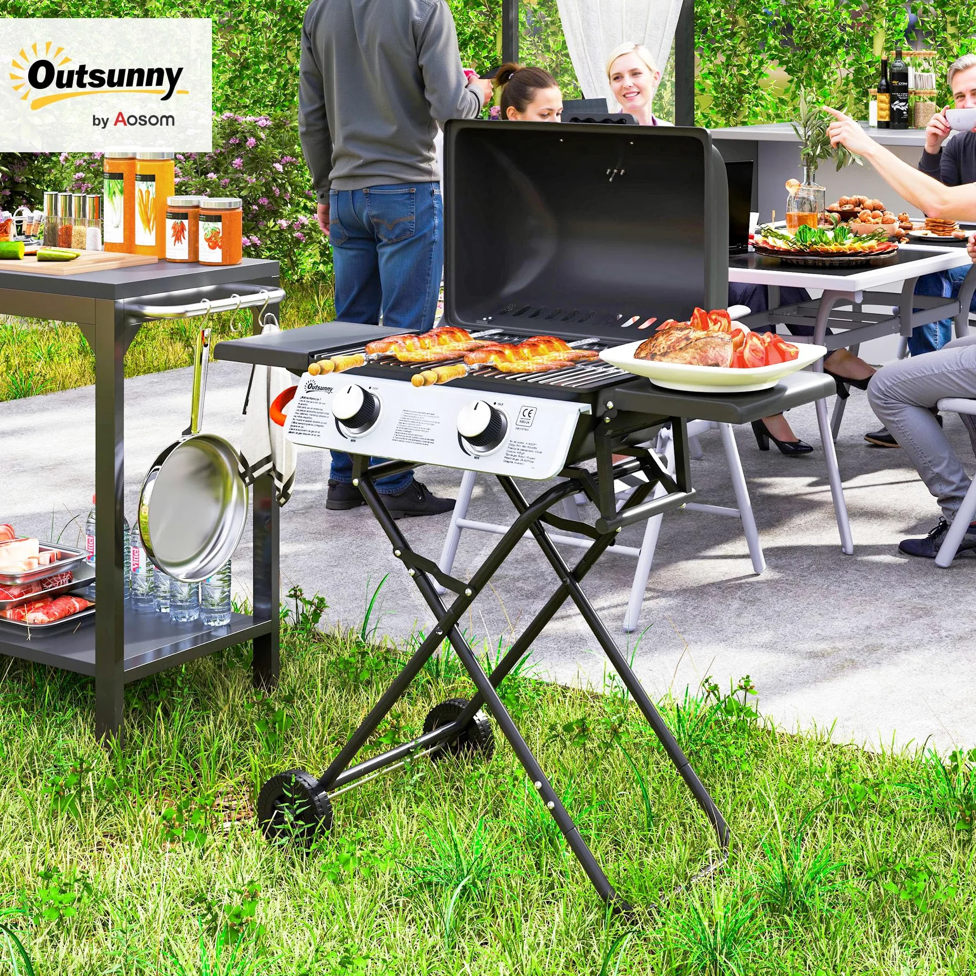 Outsunny Gasgrill mit 2 Edelstahlbrennern, 2,8 kW, tragbarer Grill, zusammenklappbar, mit Seitentischen, abnehmbarem Tablett, Thermometer und 2 Rollen für Picknick, Camping, 101 x 50 x 102 cm, Schwarz