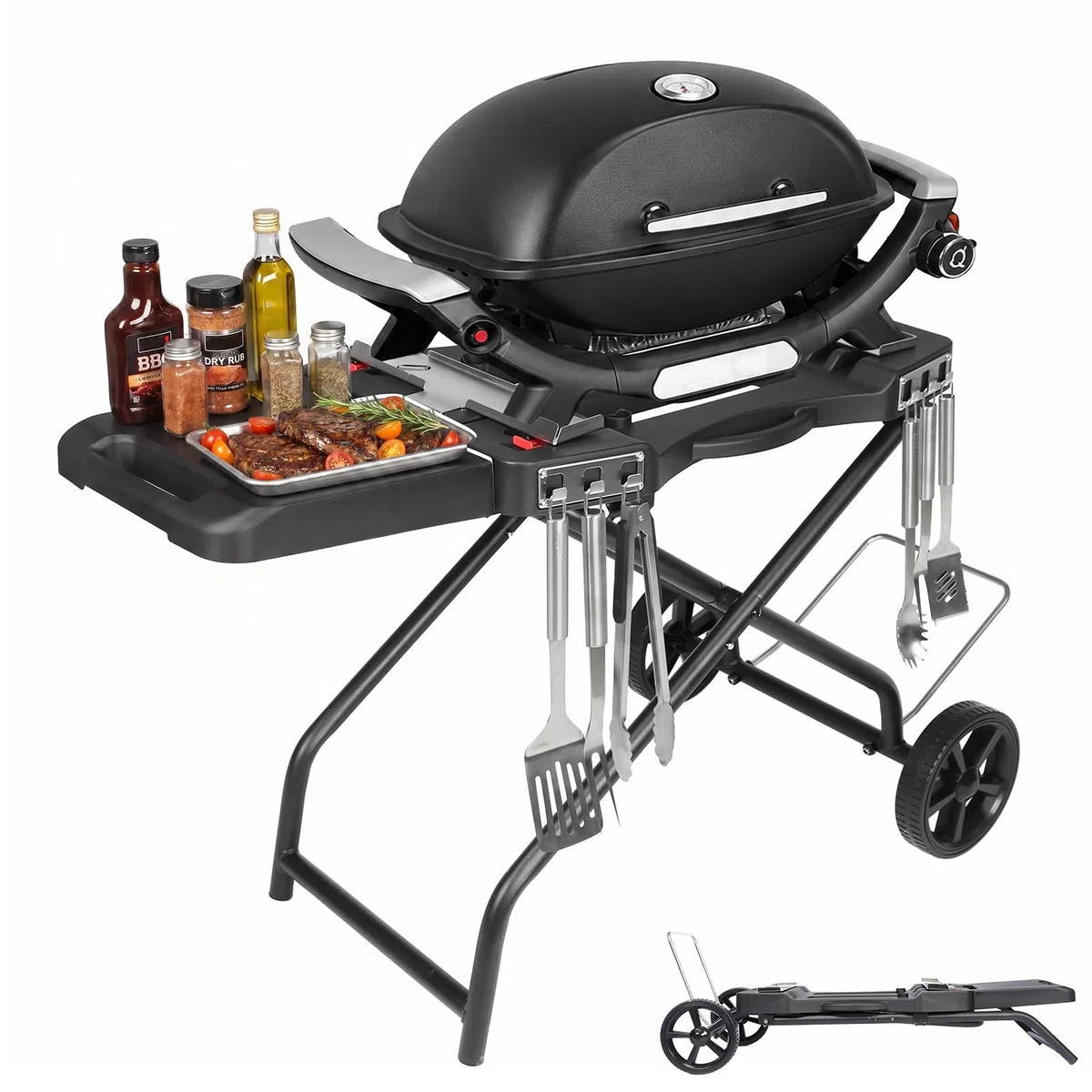 Denmay Tragbarer Grillwagen für Weber Q1200, Q1000, Q2200, Q2000 Serie, Grillständer Outdoor für Q1100N, Q1200N, Q2100N, Q2200N Serie, Faltbarer Grillwagen mit Rad, Outdoor Servierwagen