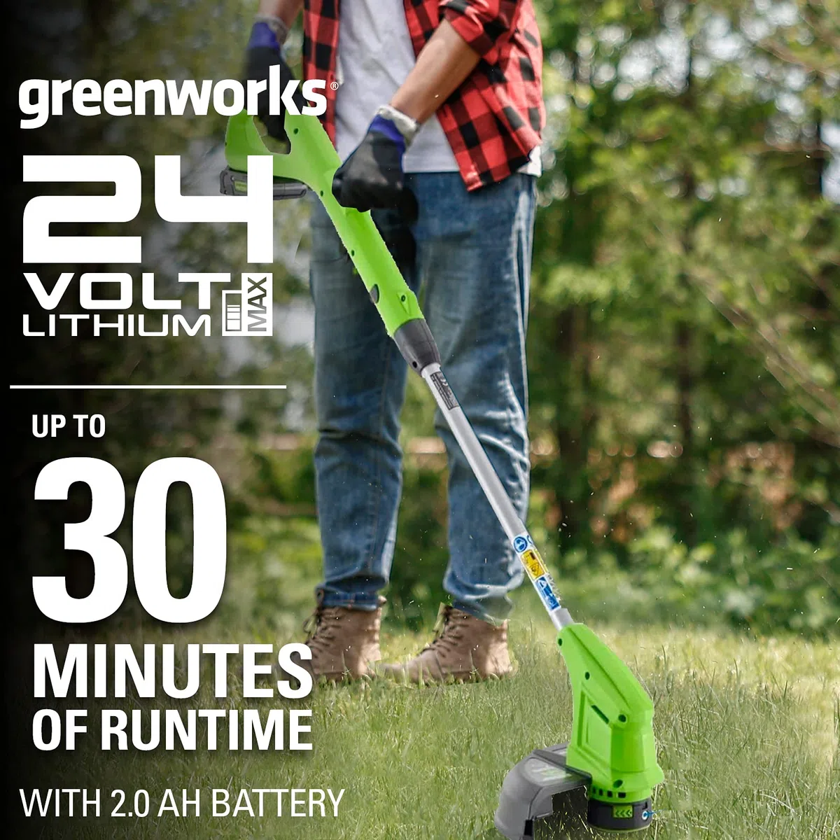Greenworks Akku-Rasentrimmer 24V 25cm ohne Akku und Ladegerät, 1,65mm Fadendurchmesser, Automatischer Fadenvorschub, Dreh und Neigbarer Motorkopf G24LT