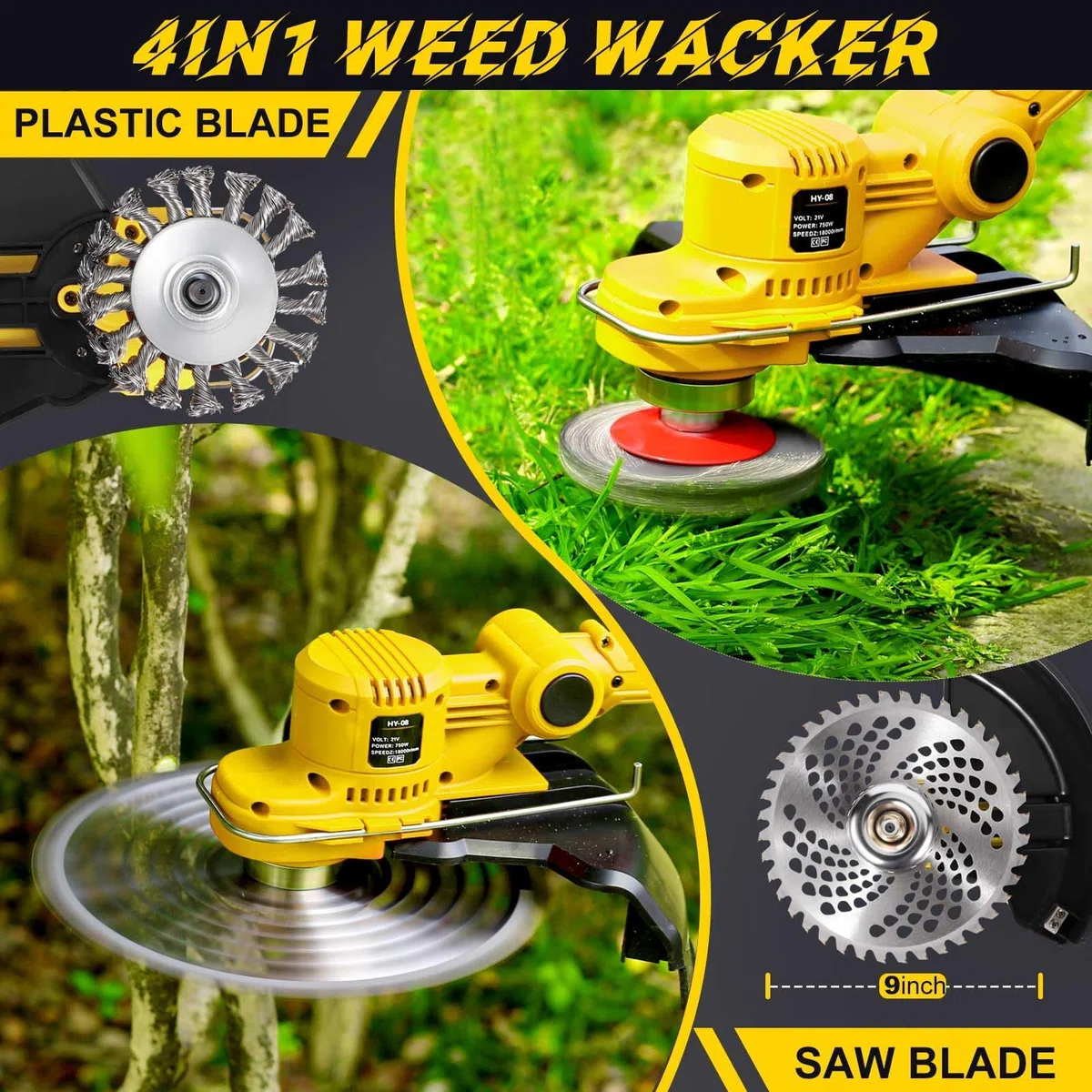 Rasentrimmer mit Akku und Unkrautbürste, Akku Rasentrimmer mit 5 Klingentypen und 2 x 4.0Ah Akku, 21V Bürstenlose Akku Freischneider mit Tap&Go M10 x 1,25, für Garden Trimmen