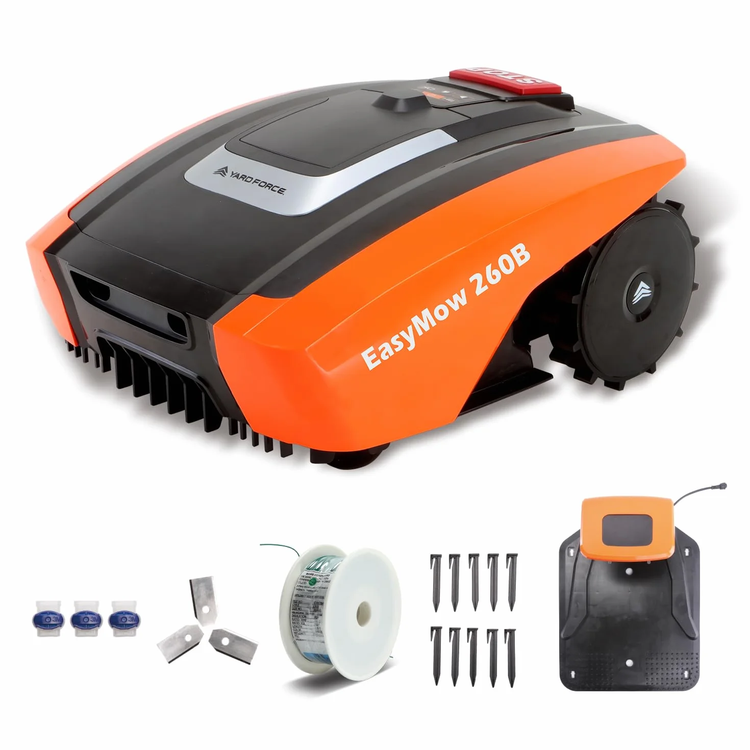 Yard Force Mähroboter EasyMow 260B – 20V Power für Gärten bis 260m² | Bluetooth App-Steuerung, Kantenmodus & 30% Steigung, Ideal für Reihenhäuser & Stadtgärten (inkl. 80m Kabel & Installations-Kit)