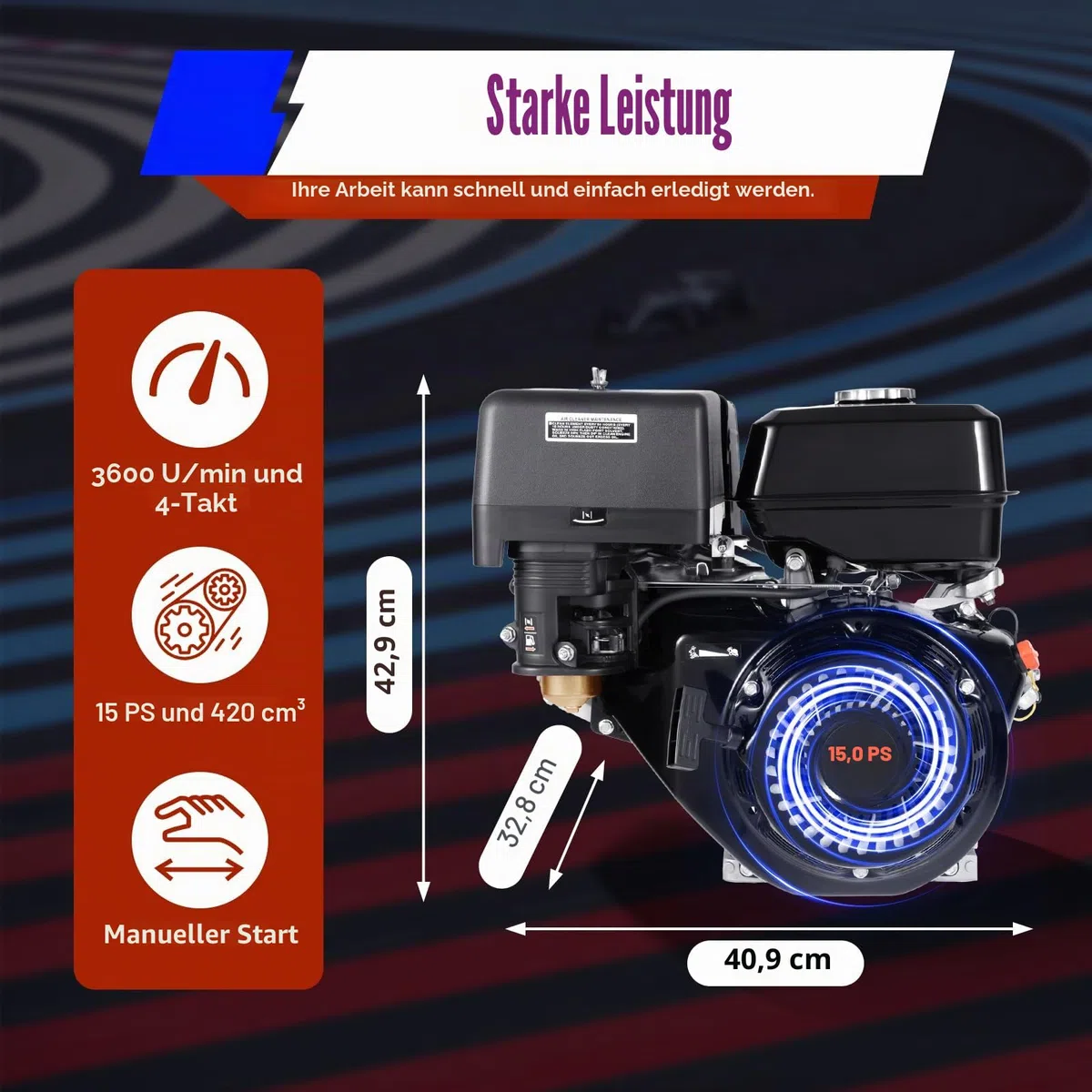 4 Takt Benzinmotor mit 15 PS, Go Kart, 420 cc Benzinmotor, Ersatzmotor für Gokart mit 4 Takten, 4 Takt OHV Benzinmotor für den Garten 9,7 KW/3600 U/min (schwarz)