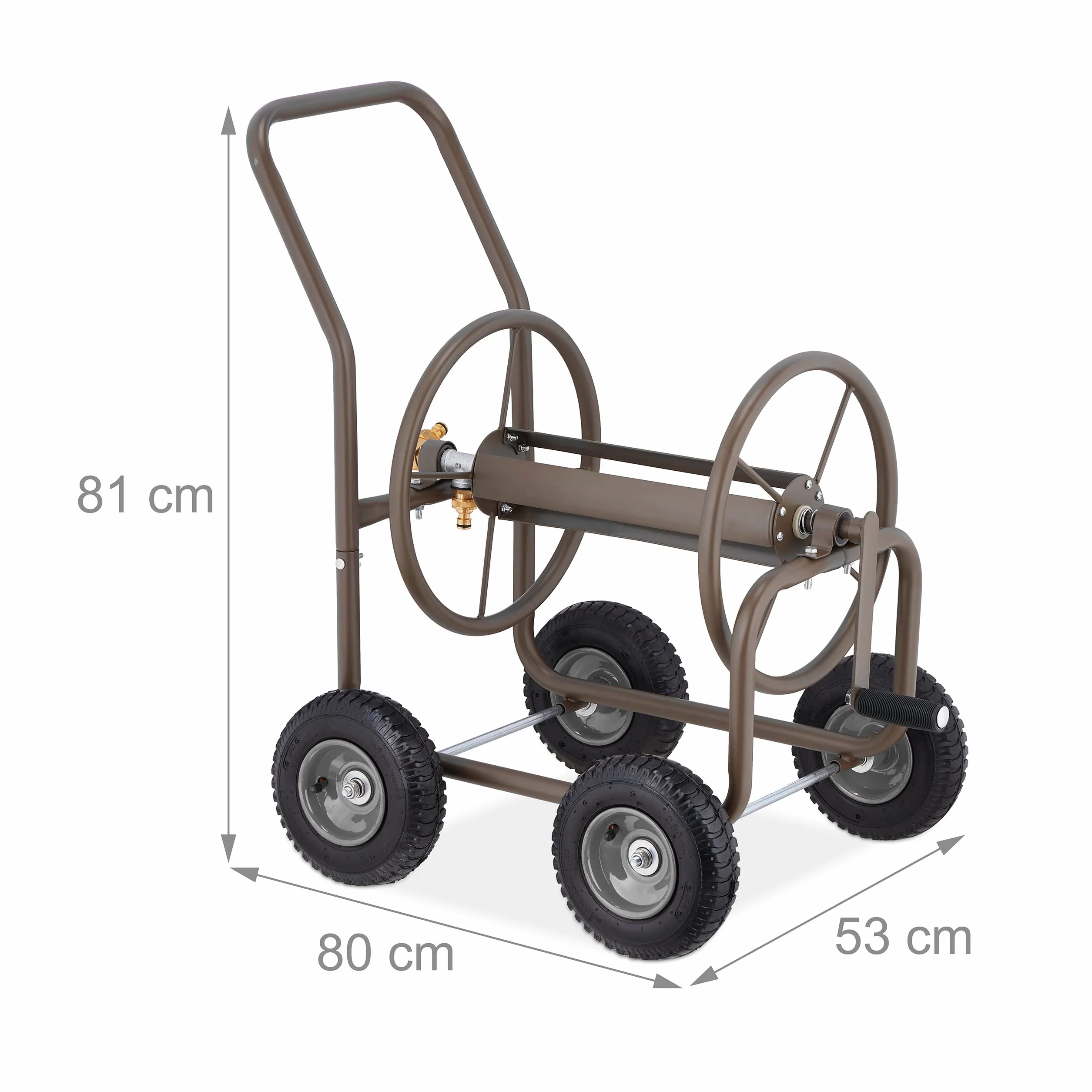 Relaxdays Schlauchwagen, bis 60 m Schlauch, 4 Lufträder, Klickkupplung, Schlauchtrommel Metall, Schlauchabroller, braun