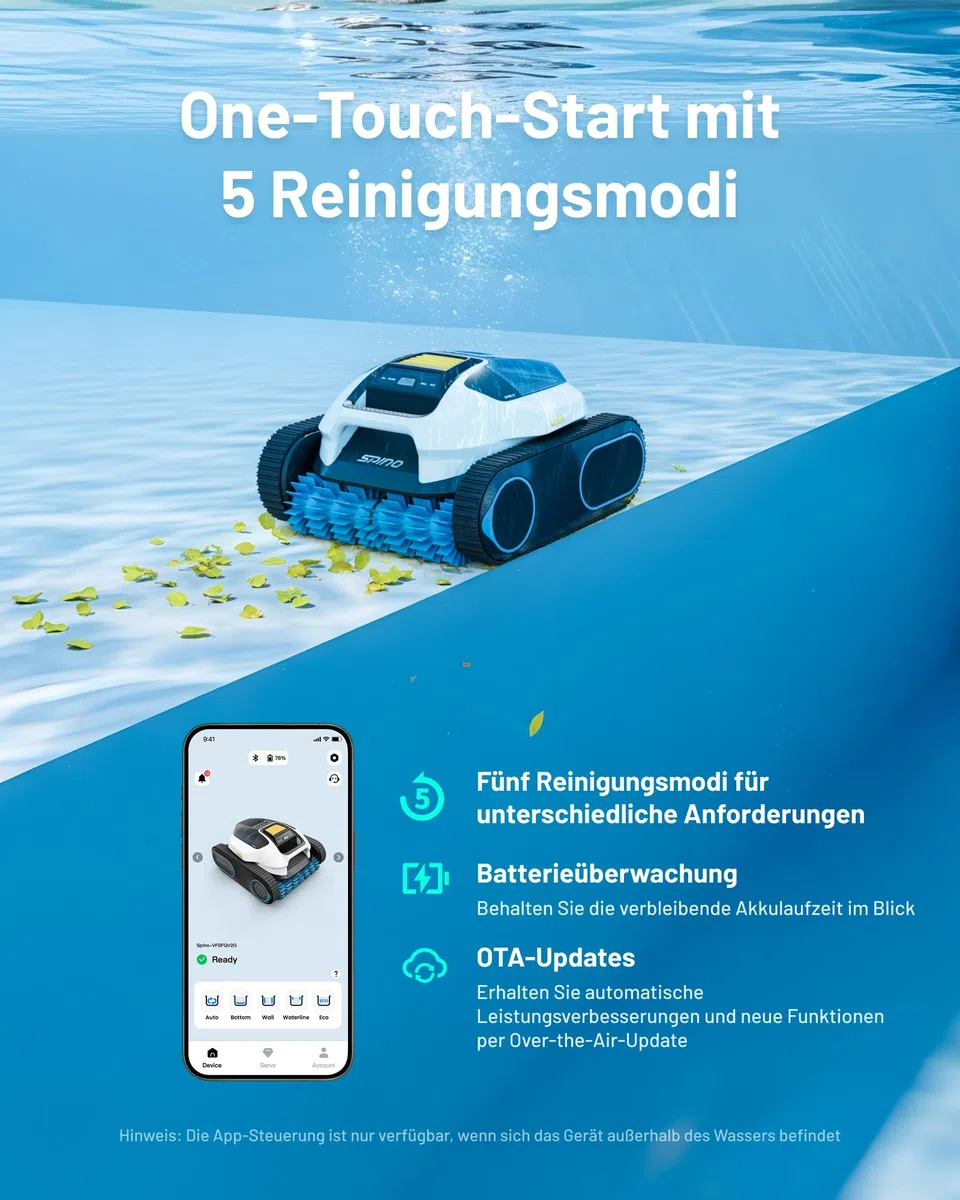Spino E1 Poolroboter Akku Kabelloser, Boden und Wand, 5 Reinigungsmodi, Max 21950 LPH, 210 Min Laufzeit, Auto Wasserlinien Parkfunktion,SmartArc Routenplan (Spino E1 Neues)