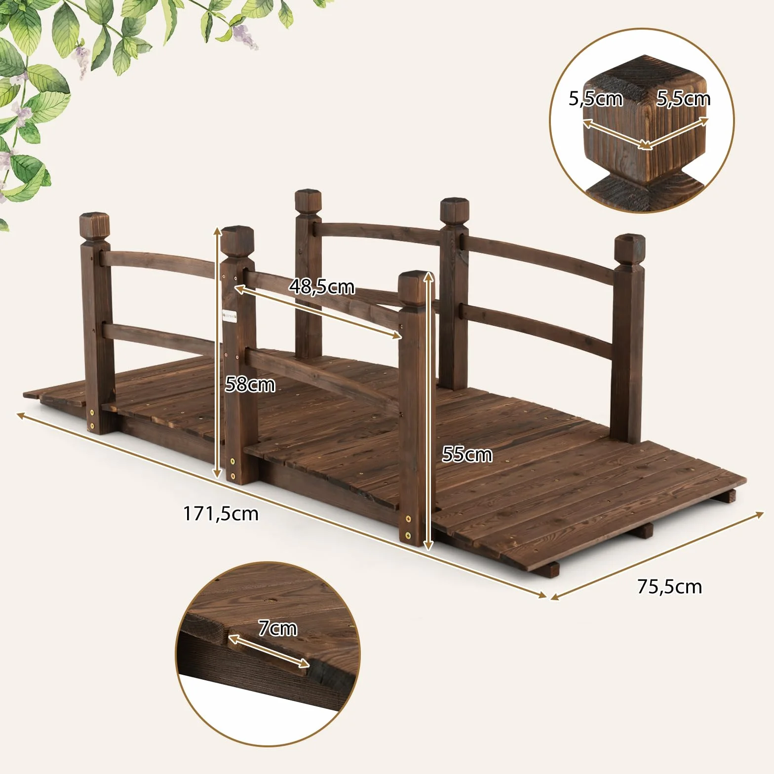 RELAX4LIFE Gartenbrücke aus Tannenholz, Teichbrücke mit Geländer, Holzbrücke bis 150kg belastbar, Zierbrücke für Garten Teich Terrasse Hof, 171,5 x 75,5 x 58 cm, Dunkelbraun