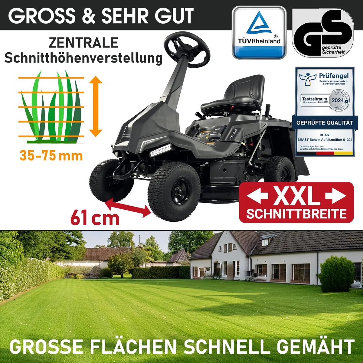 BRAST Benzin Rasentraktor Aufsitzmäher | 5,15kW(7PS) | Elektrostart | XXL Schnittbreite 61cm | TÜV geprüft | Variable Geschwindigkeit | 150L Fangkorb | für mittlere bis große Rasenflächen