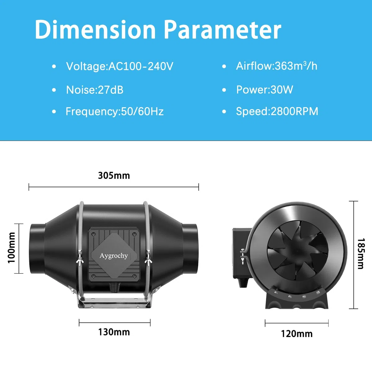 Aygrochy Rohrventilator 100mm, Rohrlüfter 363m³/h,Abluftventilator EC motor, Thermostat Steckdose mit Timer,Verzögerung,Temperatur und Feuchtigkeitssensor,für Gewächshäuser,Growzelte,Badezimmer.