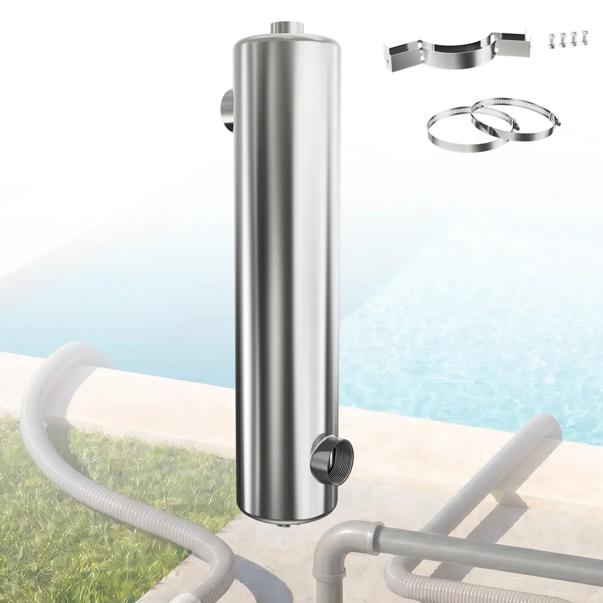 AufuN 60kW Pool Wärmetauscher Edelstahl Schwimmbad Heizung Wärmetauscher für Pool, Spa Whirlpool Hochleistungs Poolheizung ohne Strom 57 x 12 cm für Salz und Süßwasser