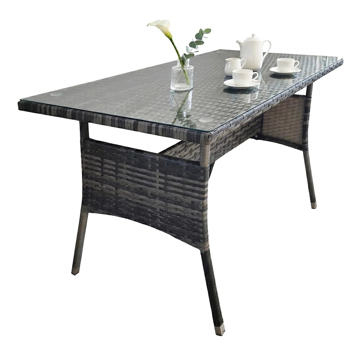 Relaxdays Gartentisch, HBT: 70 x 100 x 60 cm, wetterfest, Polyrattan, Glasplatte, eckiger Esstisch Garten & Balkon, grau