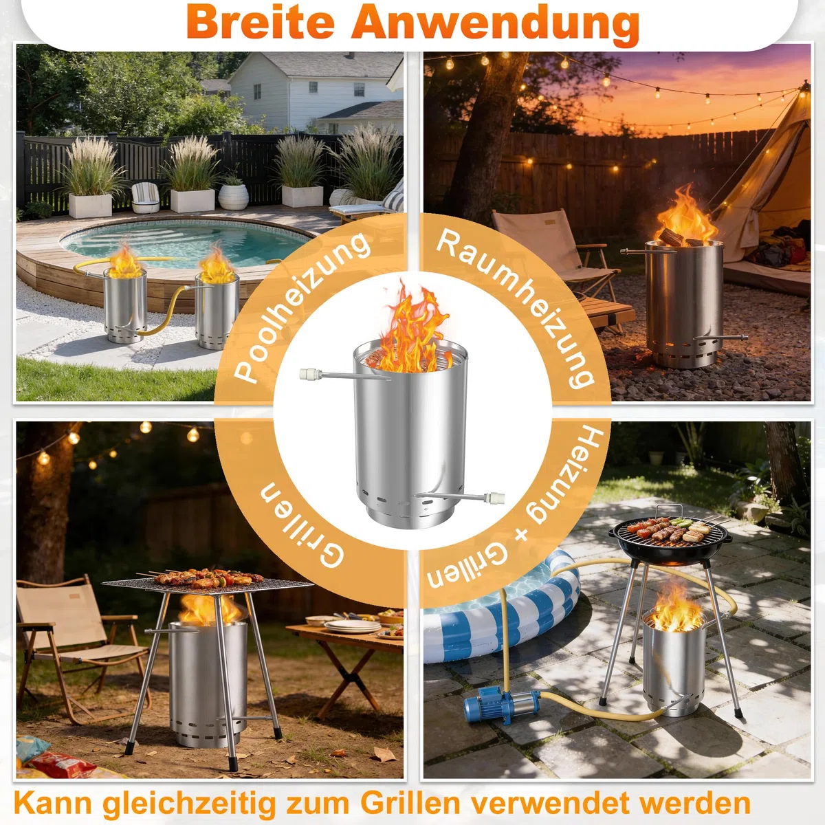 Aufun Brennholz Edelstahl Poolheizung Feuertonne Mit Heizspirale Schwimmbadheizung mit Ø 32-38 mm Anschlüsse und Eingebaute Spiralerohr Poolofen Heizungen mit Feuerfestmatten(1 Stück)