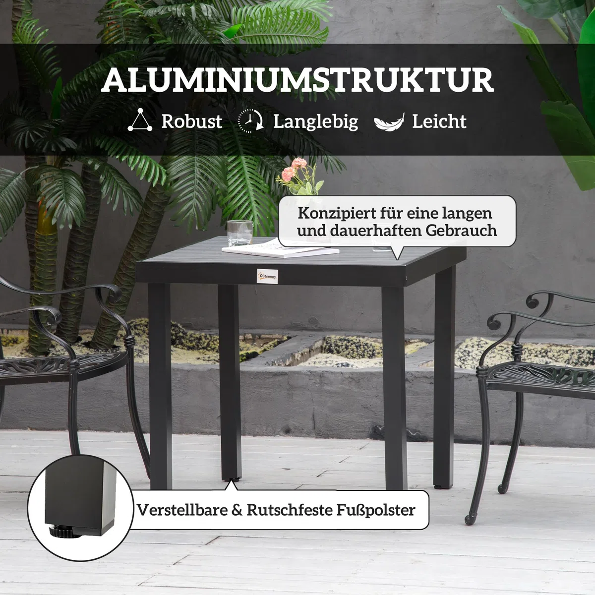 Outsunny Gartentisch für 6 Personen Esstisch Aluminiumtisch Gartenmöbel Loungemöbel pflegeleicht Kunststoff Natur+Schwarz 80 x 80 x 74 cm