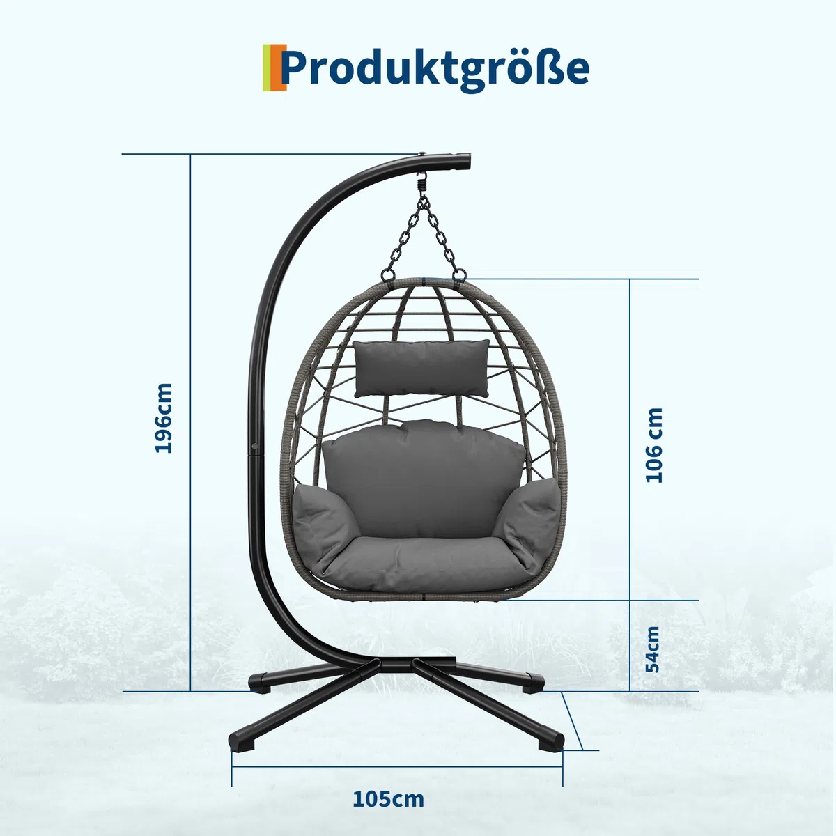 Hängesessel mit Gestell Outdoor bis 150 kg belastbar, Rattan Hängesessel mit Metallgestell, ideal als Hängesitz Indoor mit Gestell für Garten, Terrasse & Balkon Grau