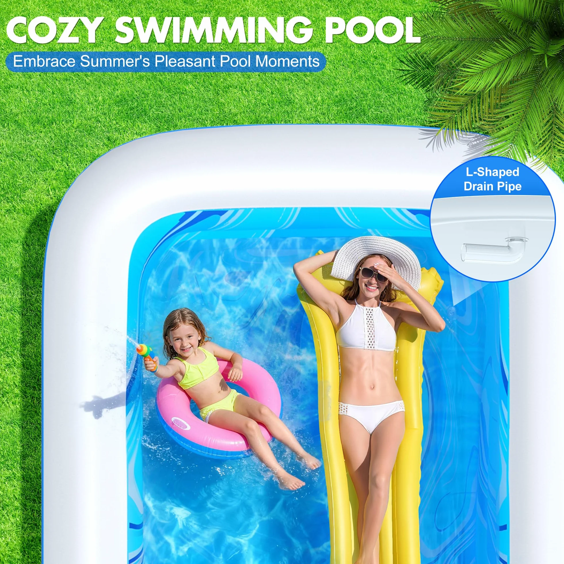 LuxBlue Aufblasbarer Pool Erwachsene, Groß Planschbecken Rechteckig mit Sitzkissen und Rückenlehne, 0.5mm Verdickter Familienpool Aufblasbar XXL, 250 * 160 * 63cm Aufblasbar Schwimmbecken Gartenpool
