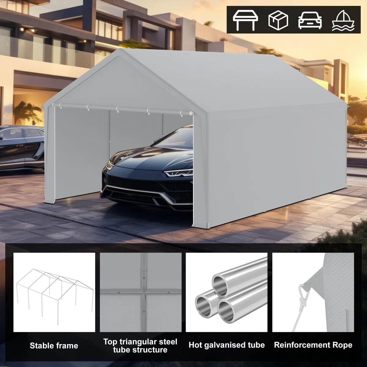 HENGMEI Zeltgarage Große Carport Garagenzelt Autoüberdachung Garagenüberdachung Lagerzelt UV-beständig Wasserdicht Unterstand mit Roll-up-Fenster (4x6 m, Grau)
