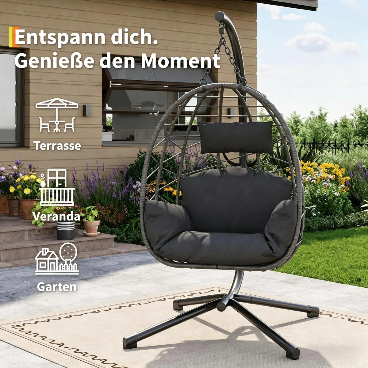 Hängesessel mit Gestell, wetterfestes PE-Rattan mit Metallgestell, bis 150 kg belastbar, mit Polster und Schutzabdeckung, für Garten, Terrasse, Balkon, Wohnzimmer (Indoor & Outdoor), Grau