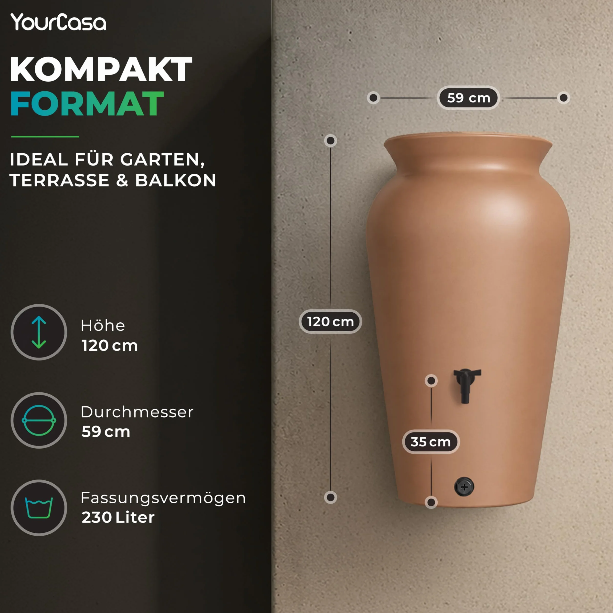 YourCasa Regentonne 120-230 Liter [DropCatcher] mit Filterkorb & Wasserhahn - Regenfass Frostsicher Kunststoff - Regenwassertonne - Regenwassertank Garten Wassertank Regensammler (Anthrazit, 230L)