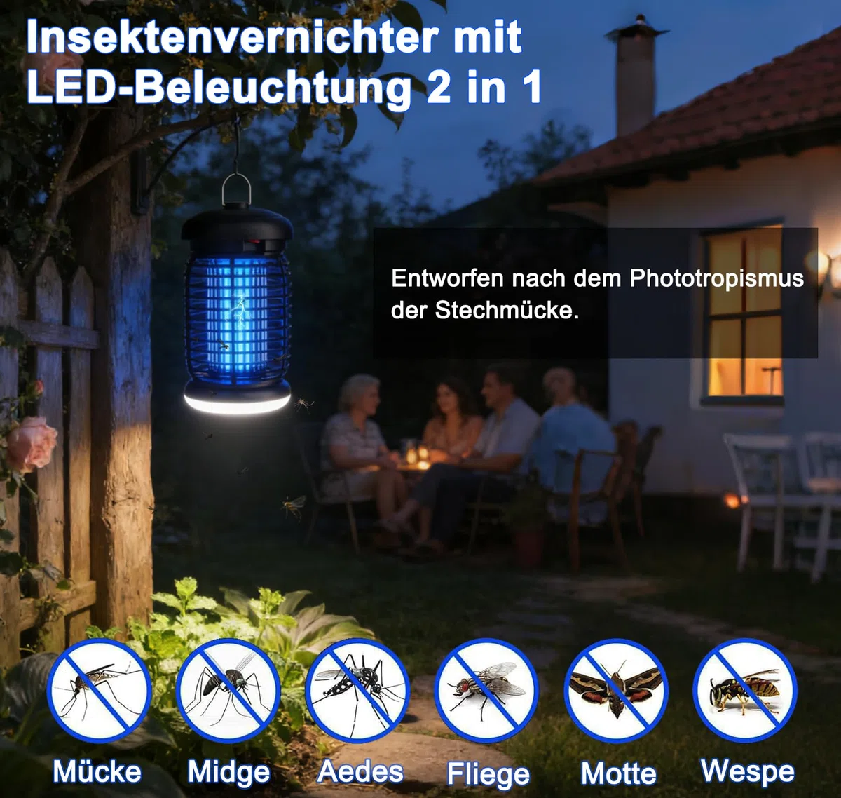 Insektenvernichter elektrisch LED-Beleuchtung, 4200V 15W UV Mückenlampe, Fliegenfalle elektrisch mückenfalle mottenfalle für Innen Außen, IPX4 wasserdicht, Sicher, ungiftig & Geruchsneutral