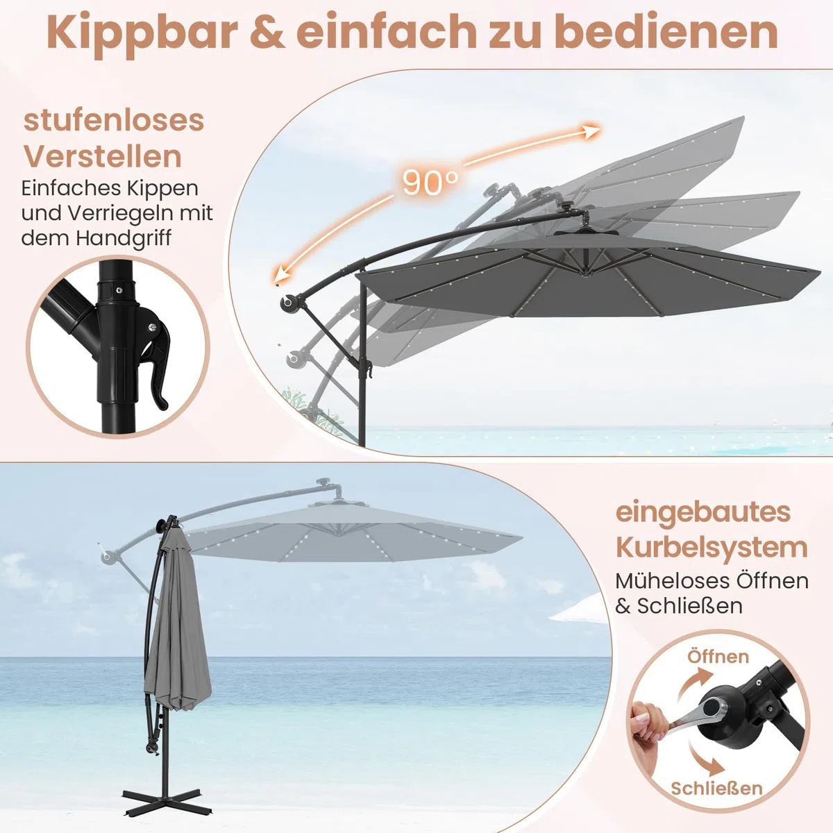 COSTWAY 300 cm Sonnenschirm mit Ständer und LED-Leuchten, Ampelschirm mit Kurbel, Gartenschirm, UV-Schutz, Marktschirm, Terrassenschirm für Garten, Pool, Terrasse (Grau)